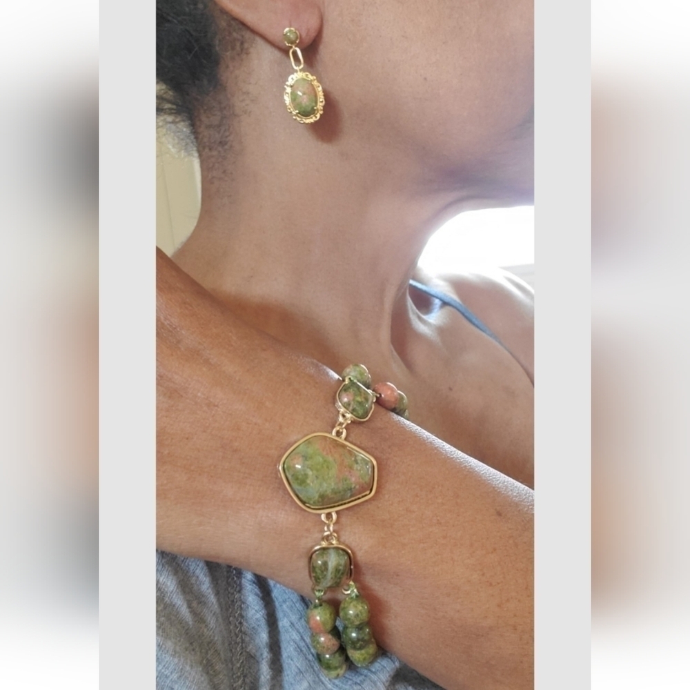 Unikite Double Beaded Bracelet & Paperclip Dangle Earrings 18K Gold Plated - Picture 4 of 8